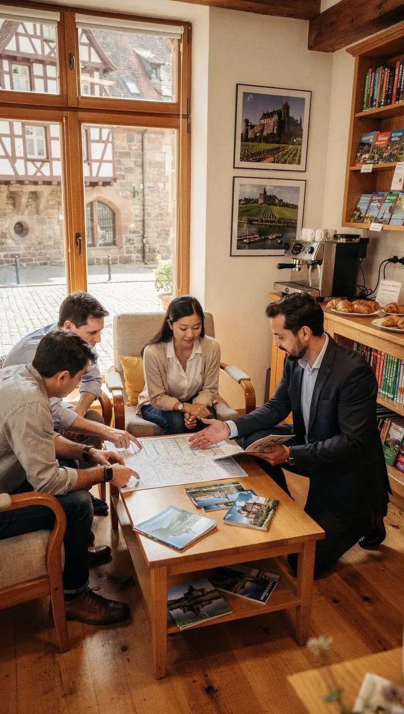 Reiseberater besprechen detaillierten mehrstädte Reiseplan mit gedruckten Routen in modernem Büro.