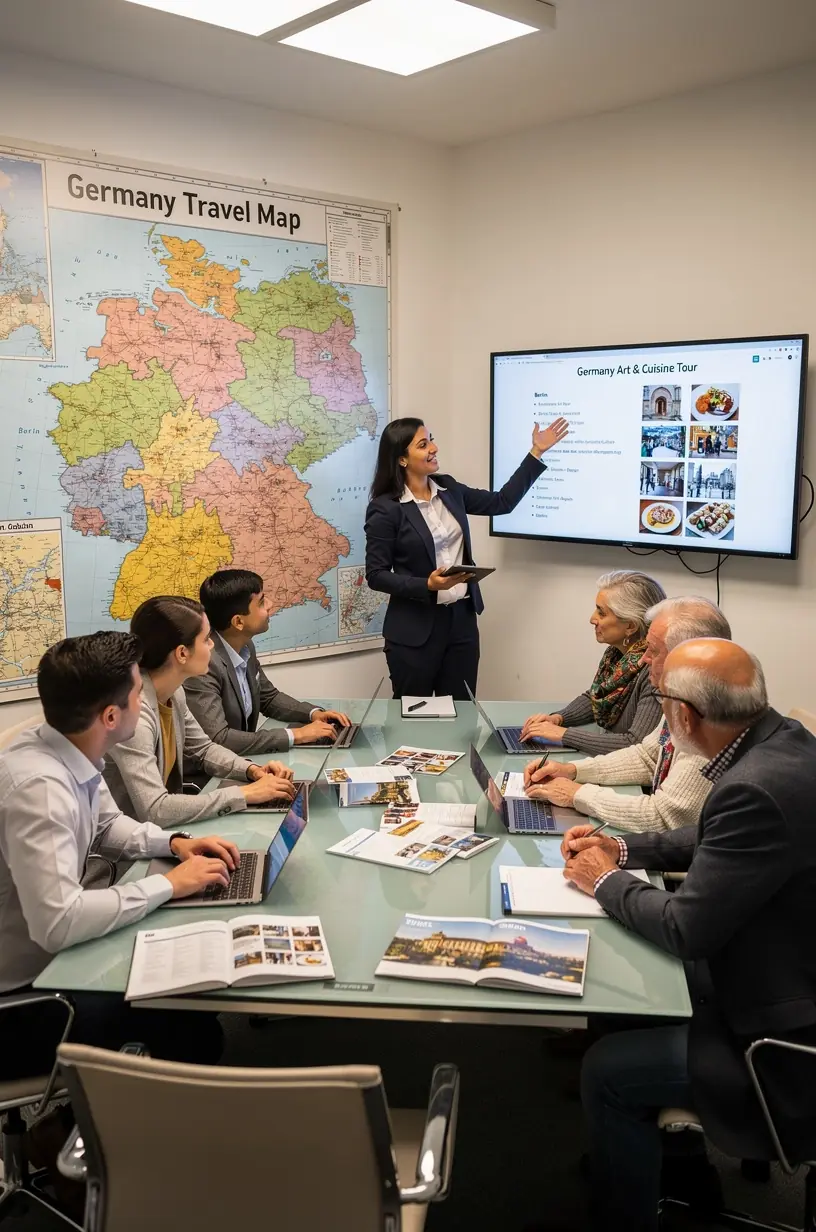 Nahaufnahme von professionell gestalteten gedruckten Reiseplänen für eine mehrstädte Deutschlandreise.