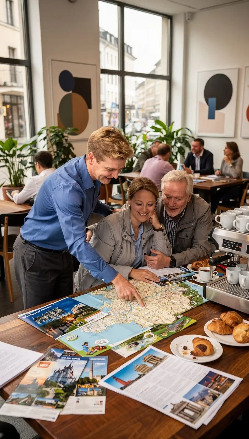 Team von Reiseexperten koordiniert nahtlos verschiedene Städtebesuche auf digitalen Geräten und gedruckten Unterlagen.